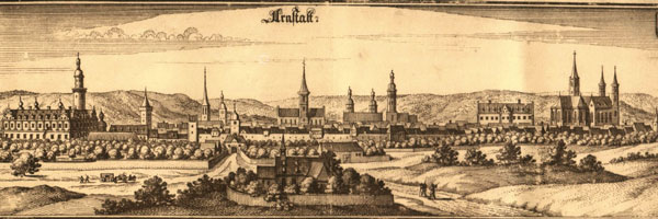Arnstadt, view of the city in 1650. Copperplate engraving.